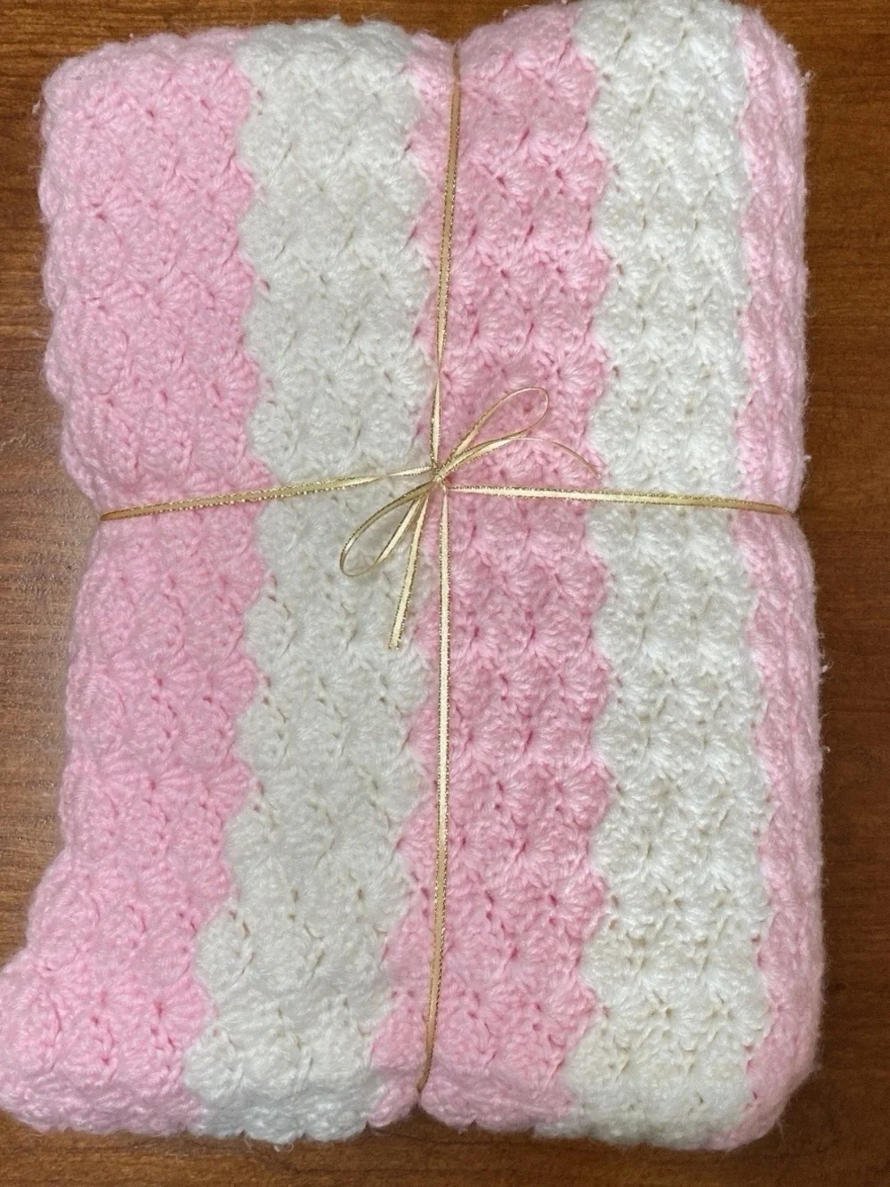 Handmade Crochet Pink White Shell Stitch Afghan Blanket
